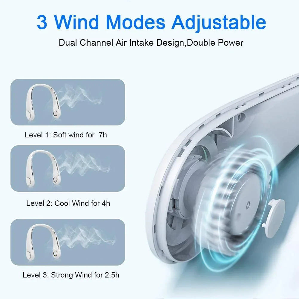 Portable Bladeless Mini Neck Fan with 1200mAh Rechargeable Battery and 3 Speed Settings for Summer Sports